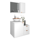 Kit Gabinete Banheiro Armário+espelheira+cuba + Puxador Metálico Cobreado Branco C/ Cobre Industrial E-led