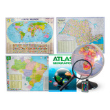 Kit Globo Terrestre 30cm Rgb Mapa Mundi Br Sp Atlas Lupa