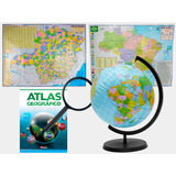 Kit Globo Terrestre Inflável 17cm Lupa Mapas Brasil Mg Atlas
