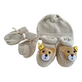 Kit Gorro + Luvas + Sapatinhos Bege Urso Ticot Bebe Rn