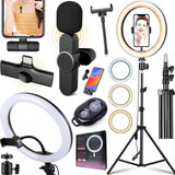 Kit Gravação Profissional Ring Light Tripé Microfone Sem Fio