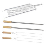 Kit Grelha Dobrável + 4 Espetos Simples Duplo Inox Churrasco