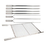 Kit Grelha Moeda 70x40 + 6 Espetos Espada E Duplo Churrasco