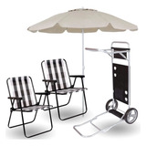 Kit Guarda Sol Praia 2 M + Carrinho Com Avanço + 2 Cadeiras