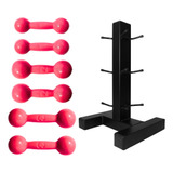 Kit Halteres Rosa Pares 1kg 2kg 3kg E Suporte De Chão Preto