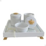 Kit Higiene Bandeja Espelho Porcelana Bebe Apliques Dourados