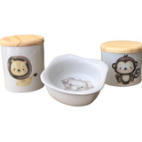 Kit Higiene Bebê 3 Peças Safari - Potes E Molhadeira