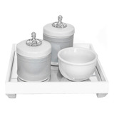 Kit Higiene Bebê Bandeja Pote Porcelana Nuvem Prata Prateado Cor Provençal