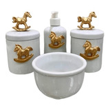 Kit Higiene Bebe Porcelana 4 Potes Apliques Dourado