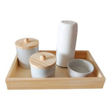 Kit Higiene Bebê Porcelana Garrafa Tampa Bandeja Pinus F Mdf