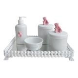 Kit Higiene Bebê Porcelana Perola Bandeja Branca Rosa Coroa