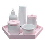 Kit Higiene Bebê Porcelana Potes Garrafinha Maternidade Rosa