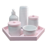 Kit Higiene Bebê Porcelana Potes Garrafinha Maternidade Rosa