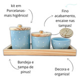 Kit Higiene Bebe Potes Porcelana Tampa Bandeja Madeira Poa
