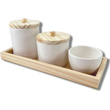 Kit Higiene Bebe Potes Porcelana Tampa Madeira Com Bandeja 