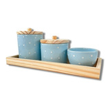 Kit Higiene Bebe Potes Porcelana Tampa Madeira Com Bandeja 