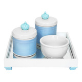 Kit Higiene Bebê Potes Porcelanas Molhadeira Cavalinho Azul Cor Coroa