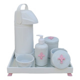 Kit Higiene Porcelana Bandeja Espelho Térmica Apliques Rosa