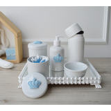 Kit Higiene Porcelana Bebê Azul Bandeja Pérola Térmica Potes