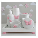 Kit Higiene Porcelana Bebê Borboletas Moderno K045 Rosa