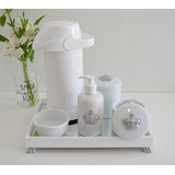 Kit Higiene Porcelana Prata Bebê Branco Bandeja Espelho Pote