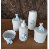Kit Higiene Potes Porcelana Branca Garrafa Vários Temas Azul