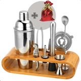 Kit Homebar 12 Peças Inox Suporte Madeira Coqueteleira 550ml