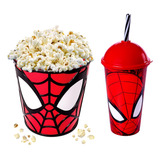 Kit Infantil Homem Aranha Balde De Pipoca + Copo Com Canudo