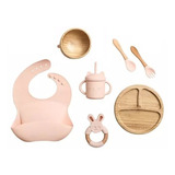 Kit Introdução Alimentar Silicone E Bambu C/ Ventosas 7 Pçs