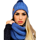 Kit Inverno Touca Gorro Feminina Pompom De Tricot Com Gola