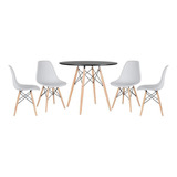 Kit Jantar Cozinha Eames Wood Mesa 90 Cm 4 Cadeiras Dsw Tampa Mesa Preto Com Cadeiras Cinza Claro