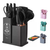 Kit Jogo De Cozinha Utensílios 19 Peças Com Tabua+faca Preto