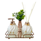 Kit Lavabo Branco E Rosé Gold Difusor Sabonete Vaso Bandeja