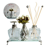 Kit Lavabo Luxo Difusor Aroma Bandeja Sabonete Vaso Varetas