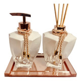 Kit Lavabo Rose Gold Bandeja Sabonete Difusor Vidro + Aromas