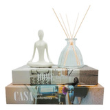 Kit Livros Decorativos Mesa De Centro+vasos Vidro C/ Planta