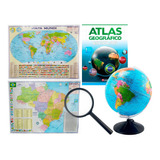 Kit Lupa + Atlas Globo Terrestre 30cm + Mapa Mundi E Brasil