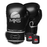 Kit Luva Boxe Mks Energy Black&silver + Bandagem Preta 2,55m