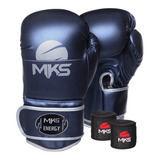 Kit Luva Boxe Mks Energy V2 Metalic Blue + Bandagem Pt 2,55m