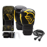 Kit Luva Boxe Thai Pretorian Elite Black Amarela+ Band+bucal