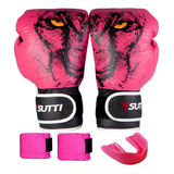 Kit Luva Boxe Thai Sutti Sports Hunter Rosa 18oz +band+bucal