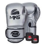 Kit Luva De Boxe Mks Energy V2 Silver + Bandagem Preta 2,55m