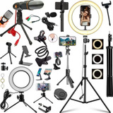 Kit Luz Ring Light + Tripé Microfone Vídeos Youtuber Tiktok