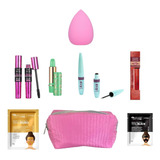 Kit Maquiagem Batom Gloss Rímel Delineador Máscara Esponja