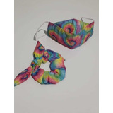 Kit Máscara 3d Tie Dye + Rabico Xuxinhas Scrunchies Tie Dye
