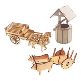 Kit Mdf Festa 1 Mini Carro Boi 1 Carroça Cavalo 1 Poço 24cm 