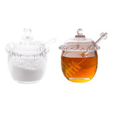 Kit Meleira E Acucareiro Vidro Cristal Pote Mel Açucar 2 Pçs