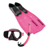 Kit Mergulho Mascara E Snorkel Nadadeira Respirador Rosa 