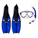 Kit Mergulho Máscara+nadadeira+snorkel Silicone Cetus Cobia Tamanho Azul 35-36