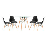 Kit Mesa Eames Wood 100 Cm Tampo Vidro 4 Cadeiras Eiffel Cor Da Tampa Preto